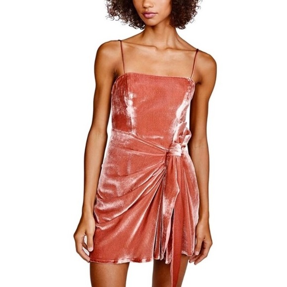 cinq a sept Dresses & Skirts - NEW CINQ A SEPT Velvet Kiki Ruched Tie Mini Dress Size 14 Pink Silk Formal Party
